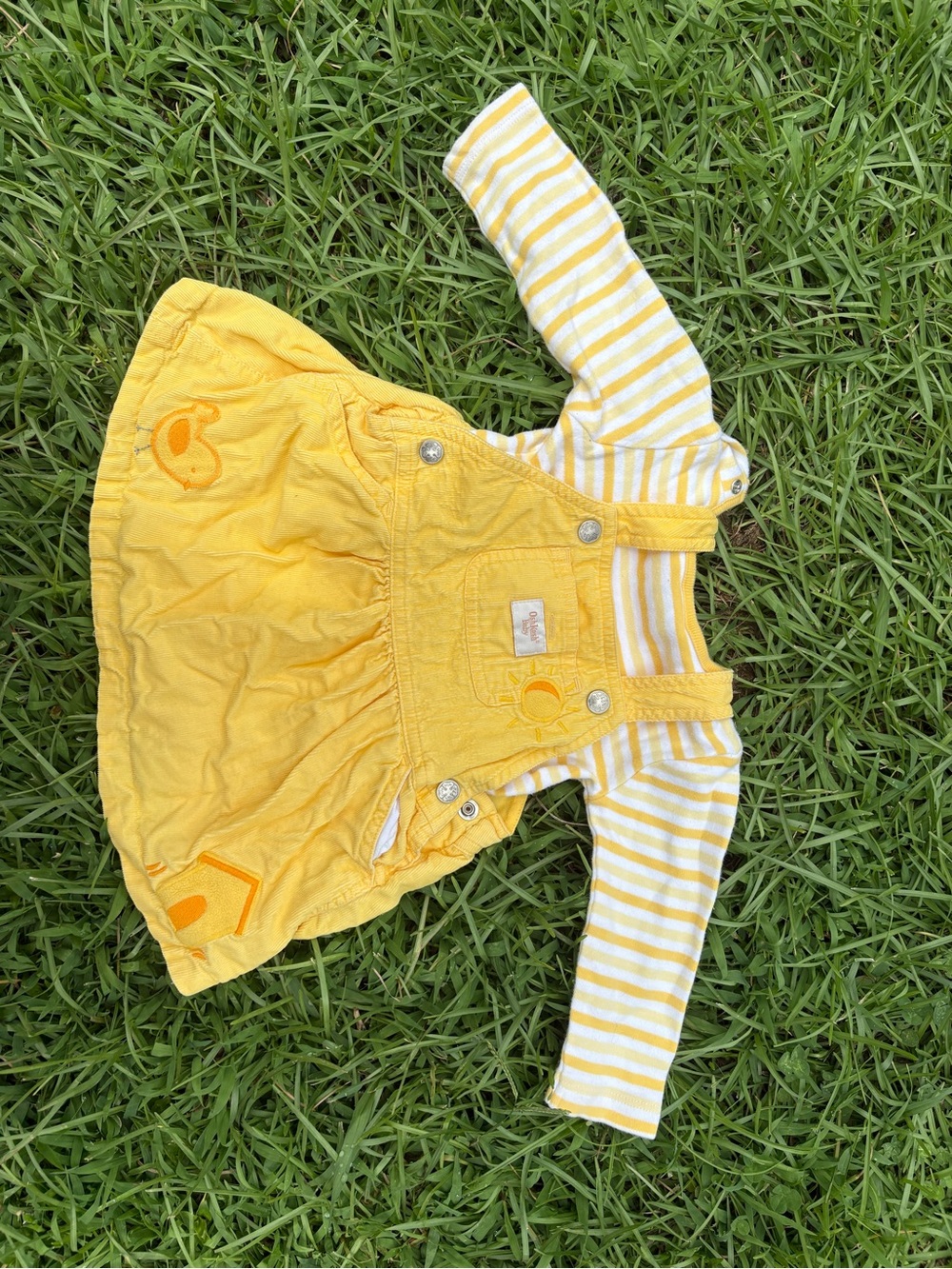 Yellow Baby Stripe Long-Sleeve Dress with Overall Skirt, vintage Oshkosh 6/9M